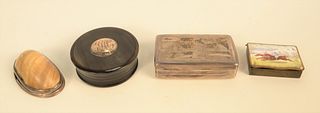 Four Small Boxes to include Continental silver snuff box with engraved farm landscape with figure on cover; John Hastier, New York, ...