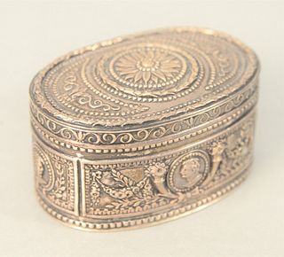 J. Kurz & Co., Hanau Silver Box, late 19th century having four embossed portraits and floral swag marked on bottom with crown, 800 J...