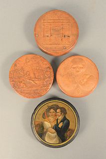 Four Round Snuff Boxes to include paper mache, having painted romantic figures; carved walnut box, 'Cranologie Du Docteur Gall', dia...