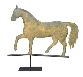 Copper Horse Full Bodied Weathervane, partial gilt finish.
height 26 inches, length 34 inches. 
Provenance: From the Marjorie & Howa...