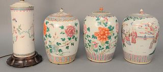 Four Piece Chinese Famille Rose group to include three jars and a sleeve form vase made into a table lamp.
total height 20 inches.