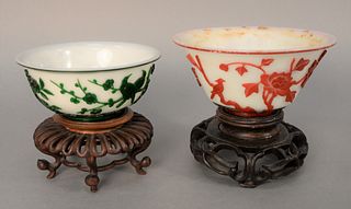 Two Chinese Overlay Bowls, white glass having green overlay, carved birds and flowers and white glass with red overlay trees and bir...