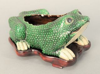 Chinese Glazed Porcelain Toad or Frog Jardiniere, green and white enameled, recumbent position, pierced frowning mouth with bulging ...