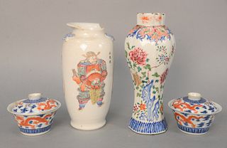 Four Piece Chinese Porcelain Group to include pair of porcelain dragon cups with covers having old brown paper label on bottom; porc...