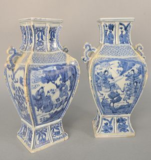 Pair of Chinese Porcelain Blue and White Vases, square form with ribbed molded edges, painted warriors on one side and scholars on t...