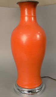 Chinese Meiping Porcelain Vase, coral red glaze in Meiping form made into a table lamp. height of vase: 16 3/4 inches.
