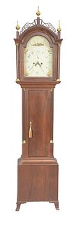 Federal Cherry Tall Clock having fretwork top with three brass finials over tombstone enameled dial painted with deer over rectangul...