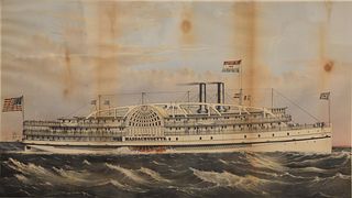 Currier & Ives, Massachusetts, hand colored lithograph, Steamship, "Providence and Stonington Steamship Company, steamers, Massachus...