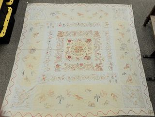 Embroidered Bed Cover with flowers, birds, bugs and lizards, signed and dated "Annys Clark, November 24, 1818, Aged 13".
104" x 90".
Provenance: The E
