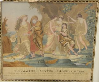 Framed Silk Embroidery and Watercolor, Telemachus and Mentor in the Island of Calypso, Calypso takes mentor aside to speak with him, 19th century.
sig