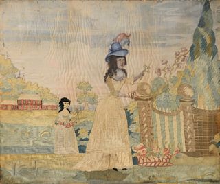 Large Painted Silk Embroidery, two flower girls in a landscape, framed.
24 1/2" x 29 1/2".
Provenance: The Vincent Family Collection, Fairfield, Conne
