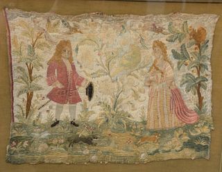 Continental Silk Embroidered Needlework Pictorial with two figures, birds and animals, set in shadowbox frame, 18th century or after. 
embroidery size