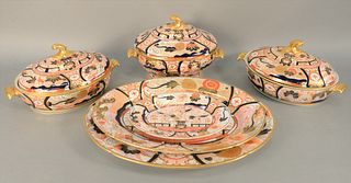 Six Worcester Imari Porcelain Serving Pieces to include three covered tureens with gilt handles, all tureen lengths 14 inches; two l...