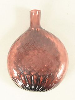 Amethyst Stiegel Glass Flask, diamond molded pattern, flattened circular form.
height 6 3/4 inches.