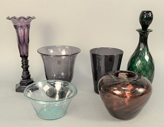 Six Piece Group of Hand Blown Glass to include amethyst tulip vase; pattern glass vase; beaker; footed vase; green diamond pattern glass decanter with