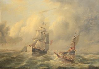 Frederick Stiles Jewett (1819 - 1864), oil on canvas, ship off coast with American flag, signed lower right "F.S. Jewett 1856 after Kannemans", old pa
