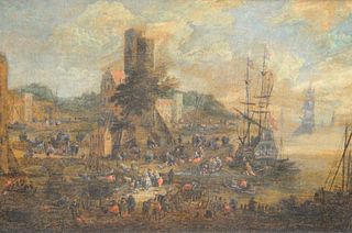 Dutch Village by Harbor With Ships, oil on canvas, 17th century, unsigned, relined. 
8 1/2" x 11 3/4"