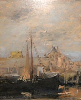 Seymour Remenick (1923 - 1999), sailboat at dock, oil on board, signed lower left "Remenick".
sight size: 11 1/2" x 9 1/2".