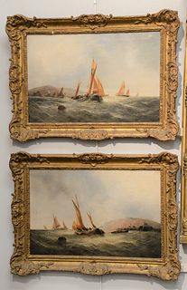 Pair of Professor George Knight (1872 - 1892), marine merchant boats off coast with houses, oil on canvas, both signed lower left.
Provenance: The Vin