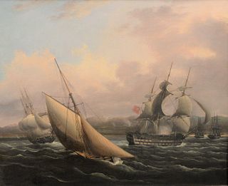 Thomas Buttersworth (1768 - 1842) Marine Scene, central plaque stating "H.M.S. stately wife other vessels of the Red Squadron off th...