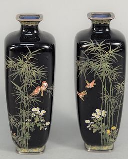 Hayashi Kodenji (1831 - 1915), Pair of Cloisonne Vases, Meiji period, square form having bamboo trees blossoming with flowers and bi...