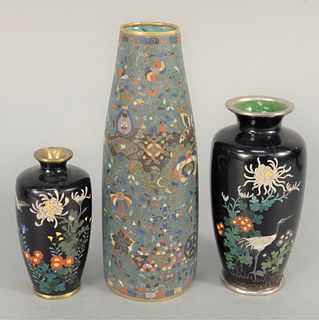 Three Cloisonne Vases, to include one having crane and wildflowers, small enameled vase with bird and flowers, signed on bottom, and...