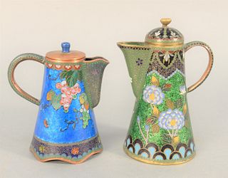 Set of Two Chinese Foil Cloisonne Pots, one green foil enamel with blossoming flowers, height 5 1/2 inches and the other blue foil w...