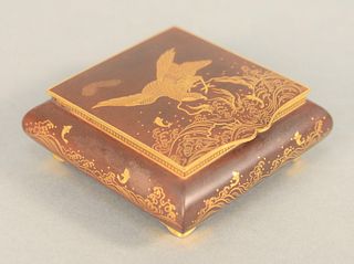 Komei Inlaid Iron Box having hinged cover with gold plated inlays depicting bird with waves and fish, interior having incised flying...