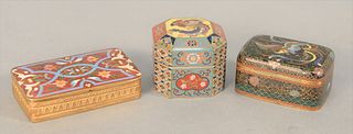 Set of Three Small Cloisonne Boxes to include phoenix bird box with silver interior, rectangular phoenix bird box with enameled bott...