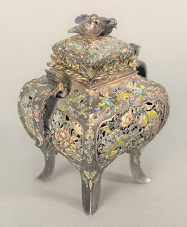 Japanese Silver Enamelled and Reticulated Urn having double bird finial on cover opening to reveal silver liner outside with two han...