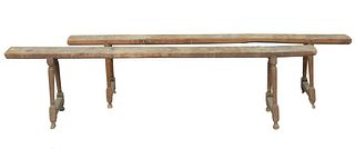 Pair of Narrow Benches each on turned legs with square mortised stretchers on turned feet.
height 19 inches, top 5" x 77".
Provenance:  The Estate of 