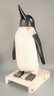 Folk Art Penguin figure, carved wood with white and black repainting, possibly Charles Hart.
height of penguin 33 inches, width 16 inches
Provenance: 