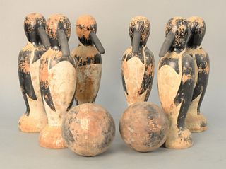 Set of Six Turned and Painted Wood Penguin-form Bowling Pins with two balls.
pin height 12 inches.
Provenance: The Estate of Diana Atwood Johnson