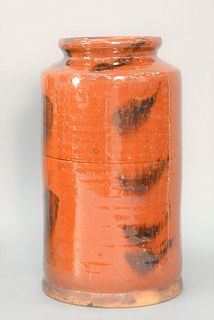 Cylindrical Redware Jar with manganese decoration.
height 11 1/2 inches.