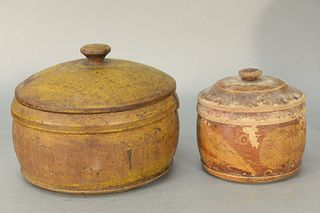 Two Treenware Round Covered Boxes, one with original yellow paint, (crack in side); and a round covered box with original grain paint, (some paint los