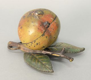 Kyser Rex Cast Iron Apple Still Bank, circa 1885, marked "K&R" under leaf, green and red apple with beetle on top.
height 3 1/4 inch...