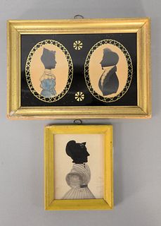 Three Silhouette Portraits to include silhouette and watercolor portrait of a lady in grey dress, marked on verso "Phoebe Backlee Ho...