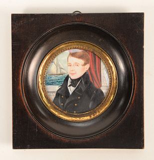 Miniature Portrait of Gentleman with sailing ship in background, written on verso "Peter Dean, New London, May 1st, 1848"
diameter 2...