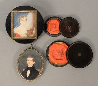 Four Piece Group to include, oval miniature portrait painting of a gentleman; two small boxes containing red wax seals, Marsh Crest ...