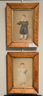 Pair of Portrait Paintings of Children, watercolor and pencil on paper, 19th century, depicting a young girl holding a doll in a whi...