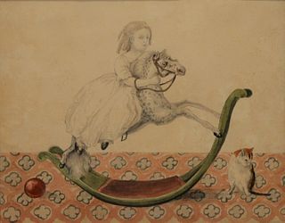 19th century Portrait painting depicting a young girl riding a rocking horse, next to a cat and red ball.
7 1/4" x 9"
Provenance: Fr...