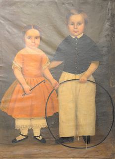 Primitive Portrait of brother and sister, oil on canvas, manner of Joseph Chandler (1813 - 1884), sitters Fitch Family including Cha...
