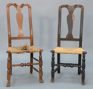 Two Queen Anne Side Chairs with carved yokes, rush seats, block and turned legs with bold turned stretchers all on Spanish feet, one...