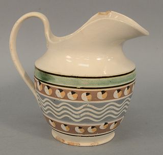 Pearlware Mocha Water Pitcher, having engine turning over four parallel wavy lines with cat's eyes, decoration over and below (chip ...