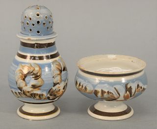 Two Pieces of English Pearlware, to include master salt, height 2 1/4 inches and matching pepper shaker, 4 1/2 inches, each with ear...
