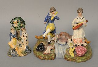 Staffordshire Double Figures, two to include double figure duet playing instruments seated with cat and dog, height 6 inches along w...