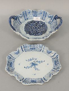 Delft Two-Piece Lot to include strawberry dish with pierced interior and two handles on conforming tray, mark of Lambertus Sanderus ...