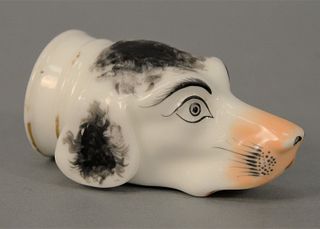 Staffordshire Pottery Stirrup Cup depicting head of a dog.
length 5 inches.
Provenance: From the Lance & Irma Keller Collection, Blo...