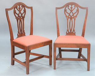 Pair Cherry Side Chairs attributed to John I. Wells, Hartford, having arched crest, reticulated interlacing splat with urn over square seat frame set 