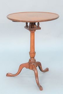 Federal Cherry Candlestand, having round dished top on birdcage set on turned turn shaft all set on tripod base.height 27 1/2 inch...